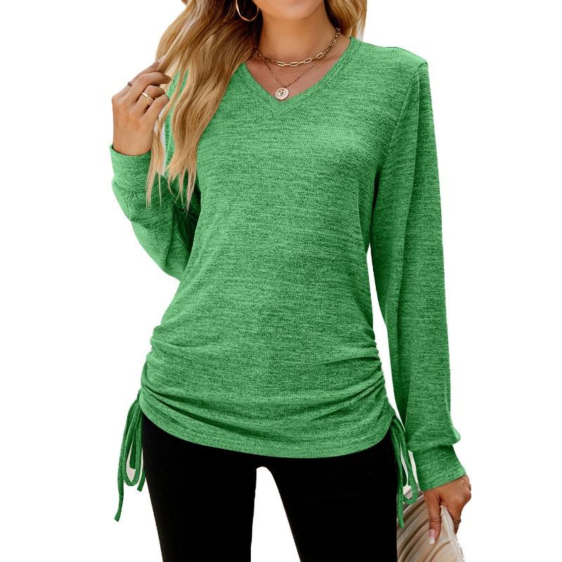Casual Loose Fit V Neck Solid Color Long Sleeve T Shirt