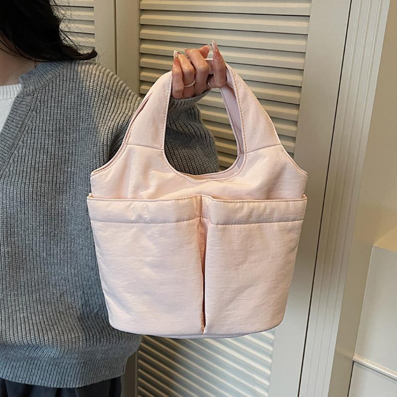Casual Nylon Basket Handbag Women's Commuter Tote Bag Multi-Pocket Simple Design Lightweight Portable Lunch Bag Vegetable Basket