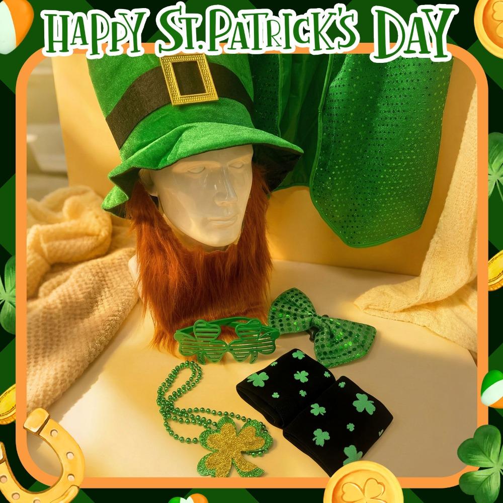 10pcs St. Patrick's Day Green Hat Beard Costume Sock Necklace Glasses Bracelet Vest Tie Festival Birthday Party Decor Supplies