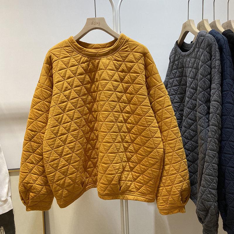 Lazy Style Individual Triangular Diamond Plaid Cotton Round Neck Long Sleeve Loose Sweatshirt Women Pullover Jacket