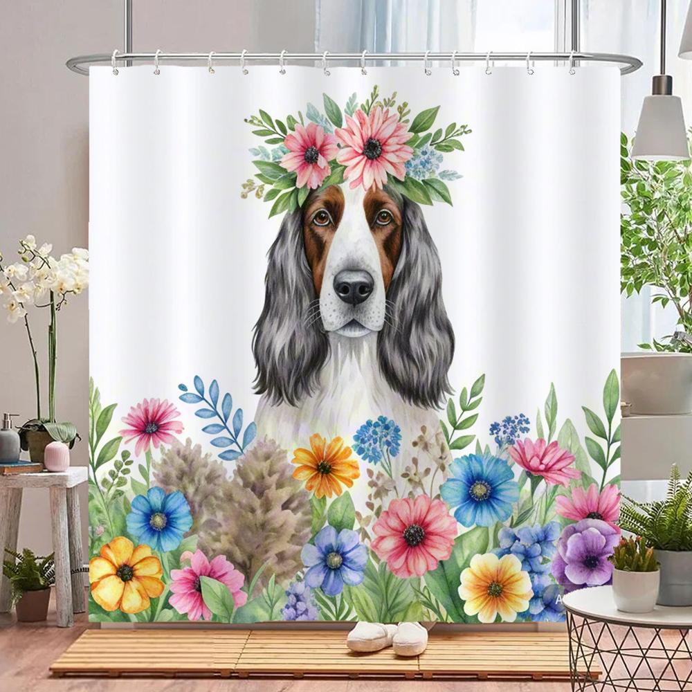 watercolor flowers and plants dog animal shower curtain Print polyester waterproof bathroom curtains with hook decorate curtain