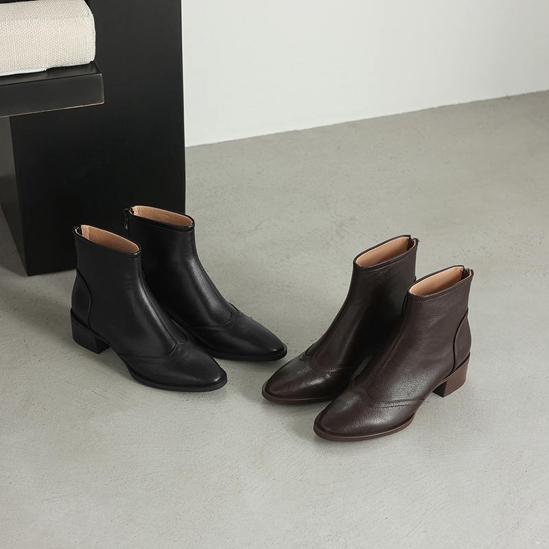 Krazing Pot Sheepskin Winter Round Toe Chelsea Boots Med Heels Zipper Carving Decoration Women Ankle Boots