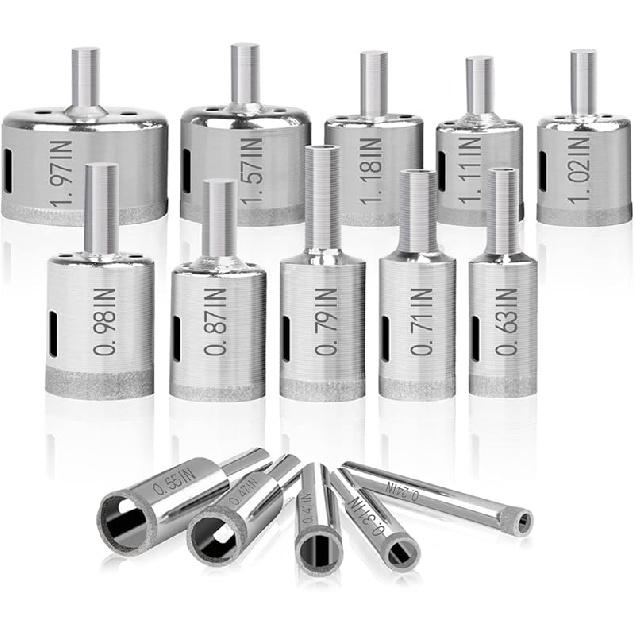 Diamond Hole Saw, 15 Pcs Diamond Drill Bits Set Glass Drill Bit Extractor Remover Tools for Glass, Ceramics, Porcelain, Ceramic Tile (1/4"-2")