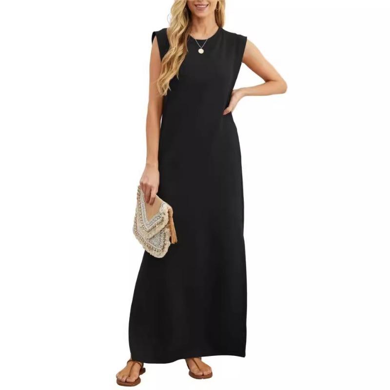 Abito Estivo Solido Casual da Donna Taglia Forte Vita Ampia Elegante A Linea Abito Lungo Moda Femminile Semplice Abiti da Ufficio per Signore 24499