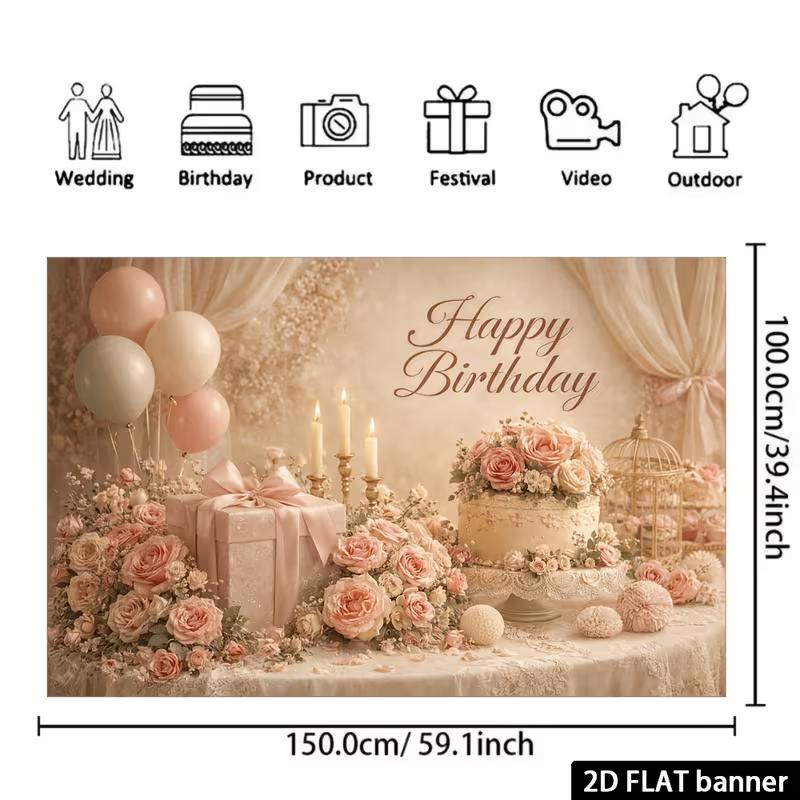 2D Vintage Cream Floral Girls Birthday Cake Smash Photography Backdrop Decor