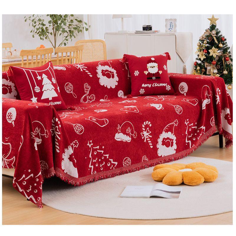 Christmas Sofa Cover Throw Blanket Red Snowflake Santa Chenille Sofa Towel Universal Furniture Protector with Tassels Xmas Home Decor for Living Room