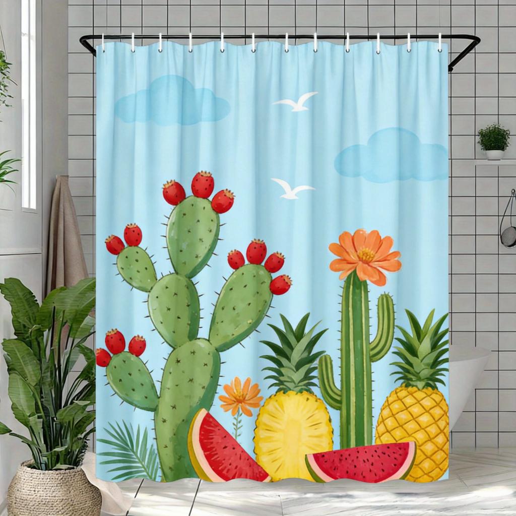 Cactus Garden Shower Curtain Colorful Succulents On Pink Background Polyester Bath Curtain With Hooks For Boho Decor