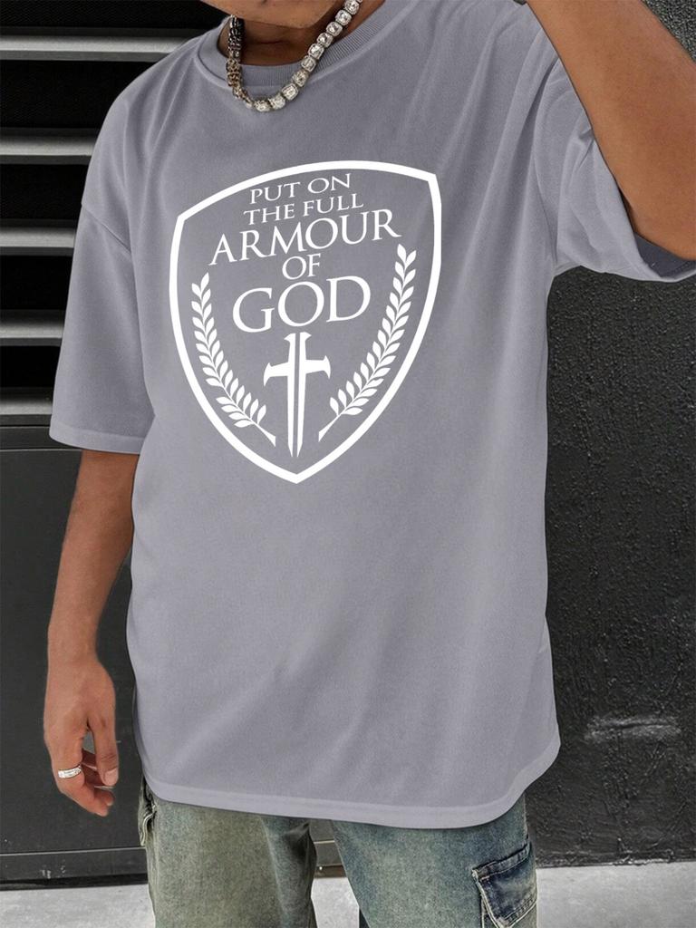 T Shirt for Man 100 Cotton Summer Armour of God Christian Print Casual Slim Fit Round Neck Short Sleeved Tshirt Top