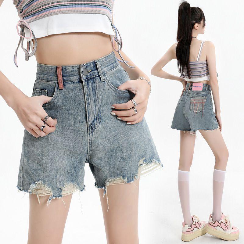 Ripped Denim Shorts for Women Summer New High Waist Slimming Loose Thin Style Hot Girl A-Line Wide Leg Hot Pants Ins Trend