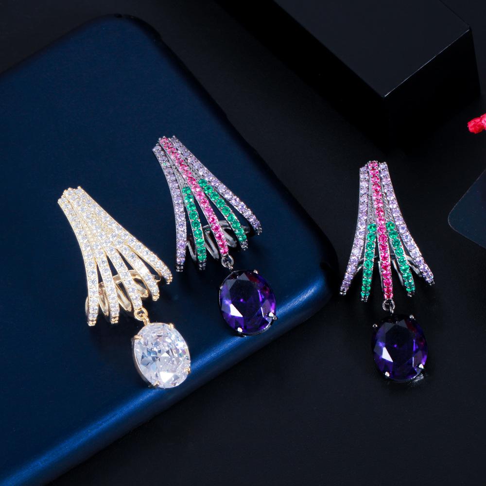 1 Pair Elegant Oval Cut Purple Zircon Long Dangle Earrings for Women Vintage Black Golden Color Bride Wedding Earrings