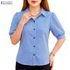 Women Plaid Print Casual Turn Down Collar Short Sleeve Blouse