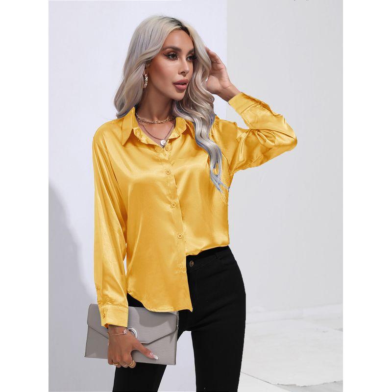 

Shirt Womens Satin Imitation Silk Long Sleeved Shirt Yellow XXL
