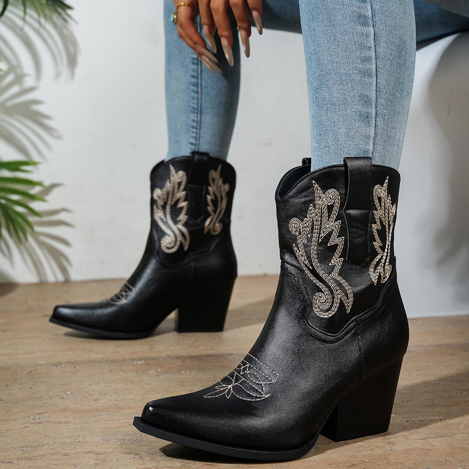

Chunky Heel Pointed Toe Women s Cowboy Boots Fashionable Casual Embroidered Retro Side Wide Calf Knee High Boots for Women Tan 36 чёрный