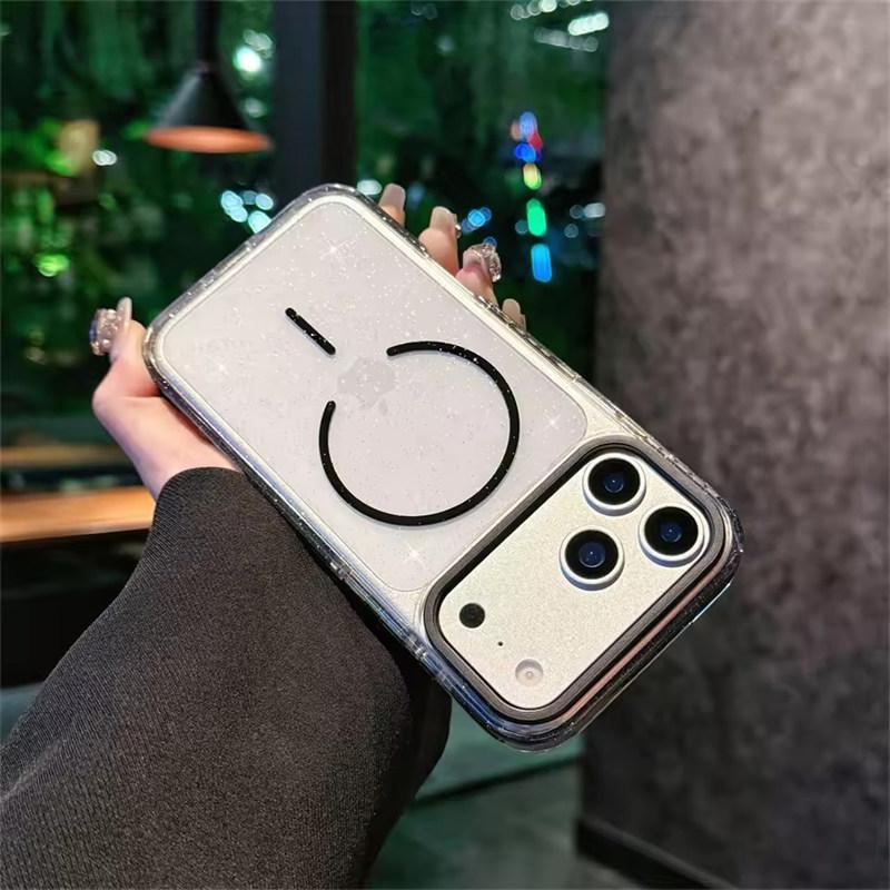 

Прозрачный блестящий магнитный чехол для iPhone 17 Air 16 15 13 12 Pro Max Plus для зарядки Magsafe Мягкий бампер Чехол для телефона iPhone 17 Pro Max чёрный
