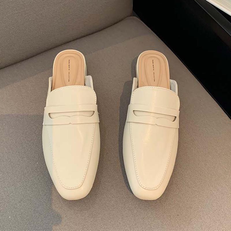 Mulheres de verão mulas deslizam em mocassins baixos fechados bico quadrado mocassins moda confortável couro pu sem costas mulas sapatos casuais slides
