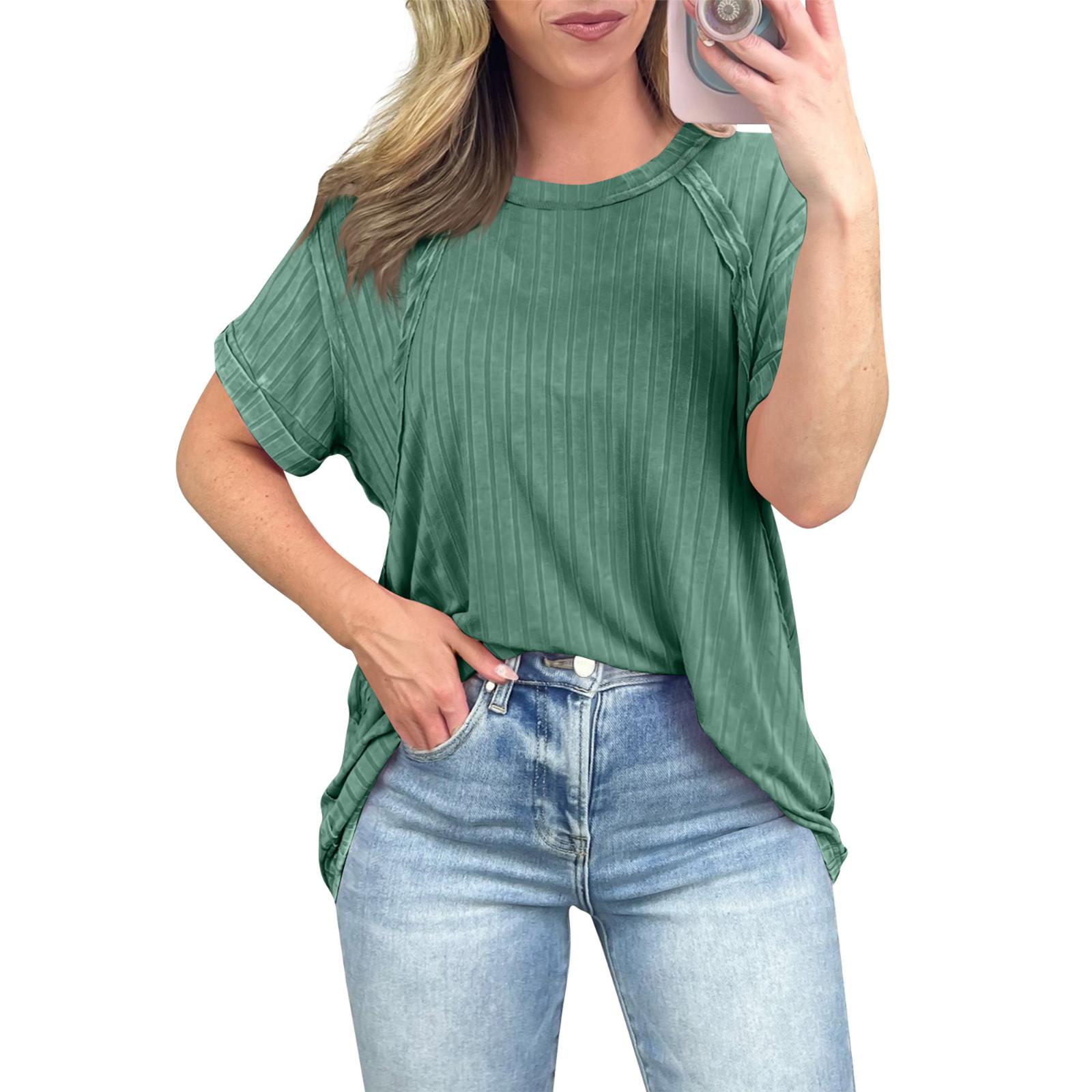 

Женская однотонная свободная повседневная вязаная футболка с коротким рукавом и круглым вырезом, топ L армия зеленый