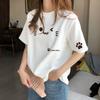 Women's Round Neck Short Sleeve Graphic Top Loose Fit Casual T Shirt 2026 Spring Pure Cotton Mid Length Pullover with Cute Cat Face Paw Print Pattern