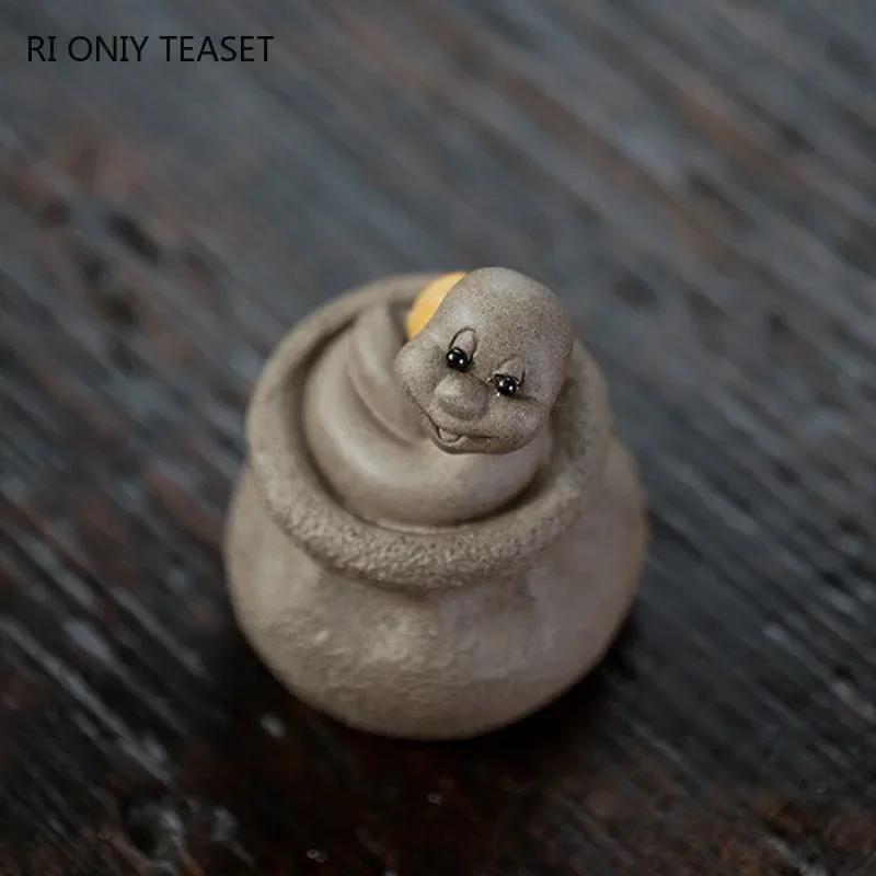 Chinese Yixing Purple Clay Tea Pet Handmade Zodiac Snake Statue Ornaments Animal Tea Figurine Crafts Home Tea Set Decors