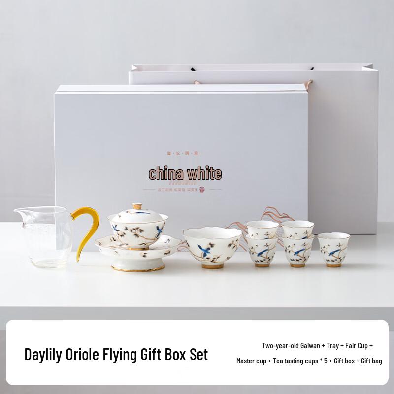 Zhuijia Mutton Fat Jade Porcelain Sancai Gaiwan Tea Set with Daylily & Oriole Design