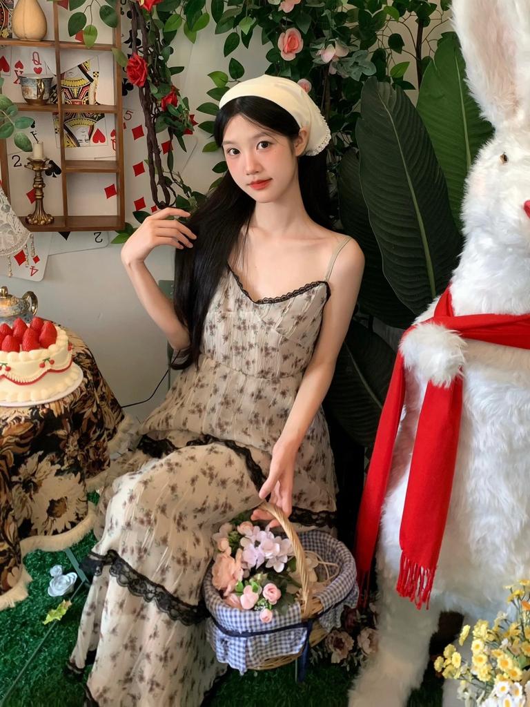 French sweet wear lace splicing cake dress summer niche thin long floral suspender dress