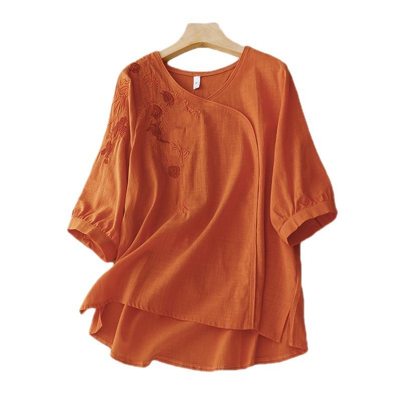 New Summer Style 700-quarter Sleeve Embroidered Shirt for Women's Literary Retro Loose Embroidered Cotton and Linen Top