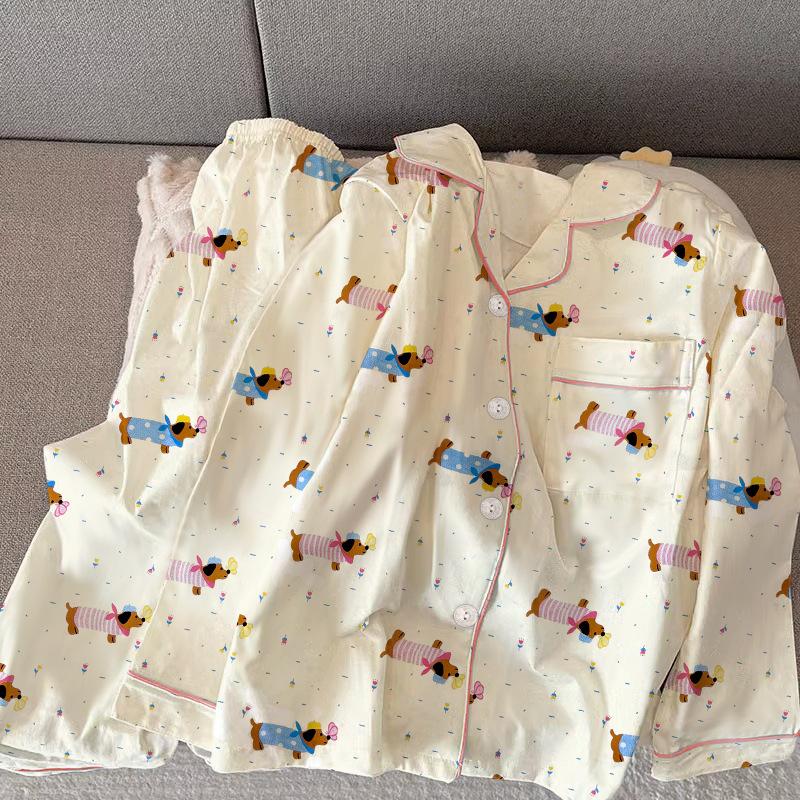 Cute Fun Dachshund Dog Style Cute Pajamas Long-Sleeved Set Women'S Loungewear Casual Two-Piece Set