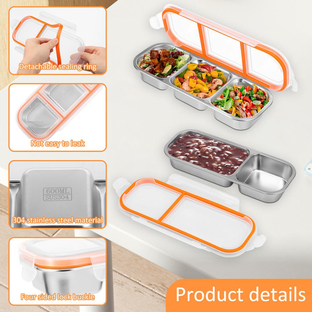 2 Stück Snackbehälter Fach Gewürzbox mit auslaufsicherem Deckel 304 Edelstahl Unterteilter Snack Lebensmittelaufbewahrungsbehälter