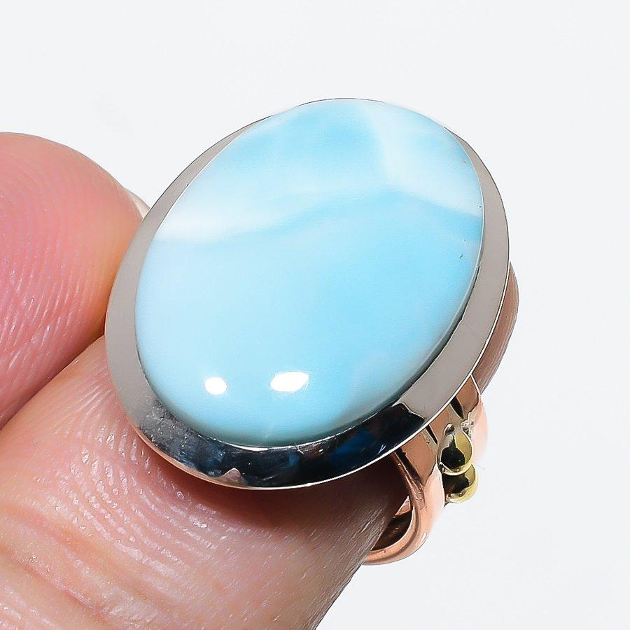 Natural Larimar Gemstone 925 Solid Sterling Silver TwoTone Gift Ring S.7 s7J16