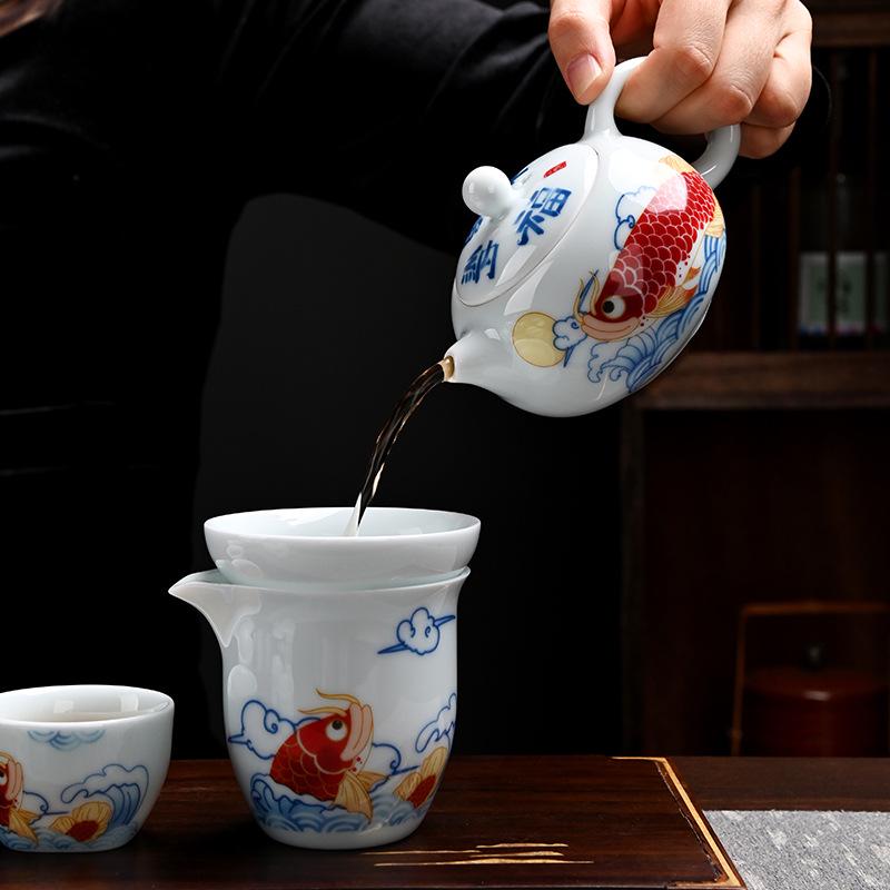 Red Arowana Na Fu Xishi Ceramic Kung Fu Gaiwan Tea Set with Gift Box