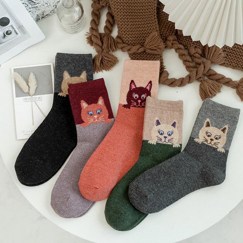 5 Pairs Cozy Winter Socks for Women Mid Calf Thick Warm Cat Rabbit Wool Blend