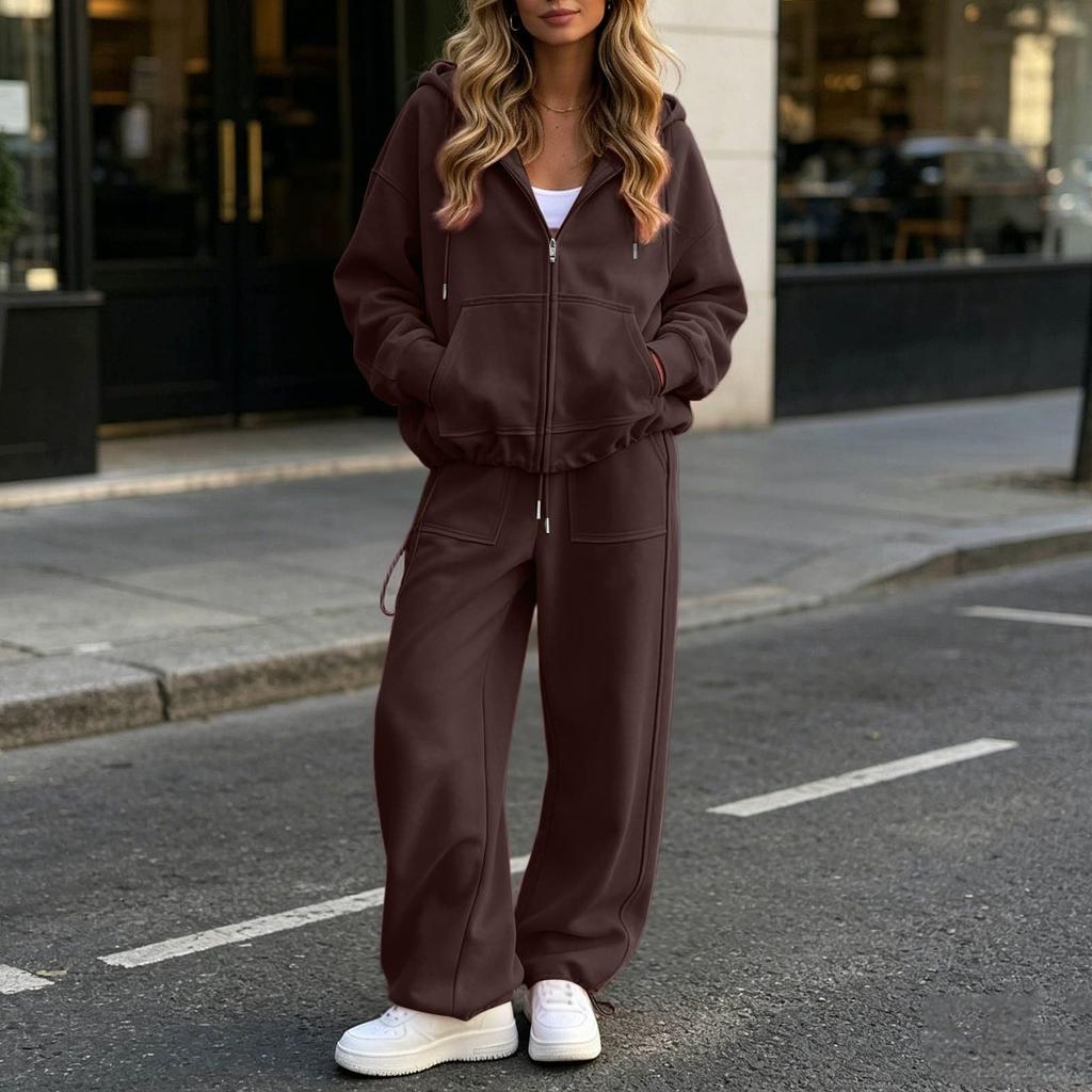Damen Samt-Set, Lässiges Zweiteiler-Outfit mit Langarm-Oberteil und Hose