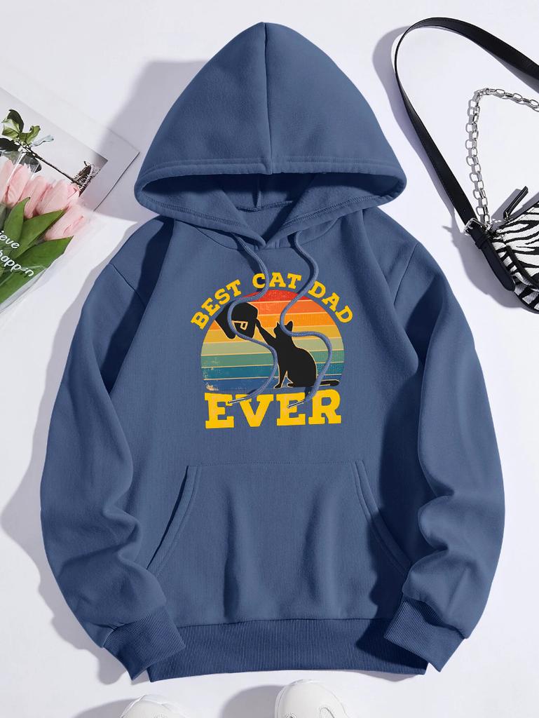 Best Cat Dad Ever Pattern Womens Hoody Hip Hop Fleece Hoodies Pocket Loose Y2K Clothes Casual Autumn Multicolor Pullover