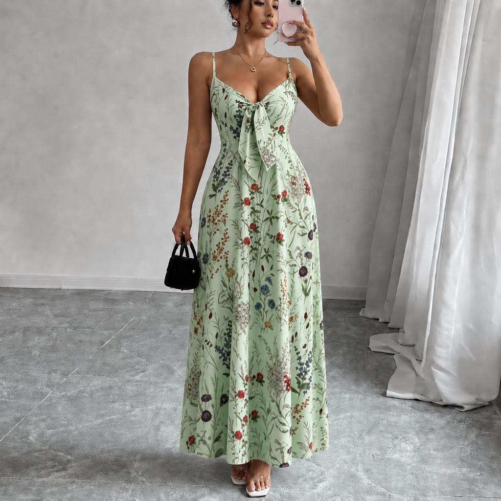 Women's Colorful Floral Print V-Neck Spaghetti Strap Dress