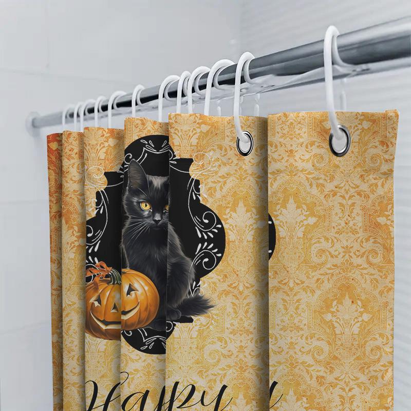 Halloween Shower Curtain with Jack-O-Lantern Pumpkin Print Fall Decorations for Bathrooms Black Cat Yellow Damask Pattern Reusab