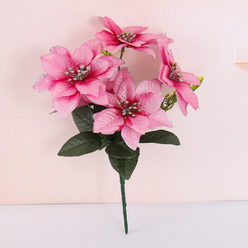 

Новый продукт горячая распродажа симуляция 5 голов пуансеттия рождественский букет украшение для дома праздничное украшение искусственный цветок розовый