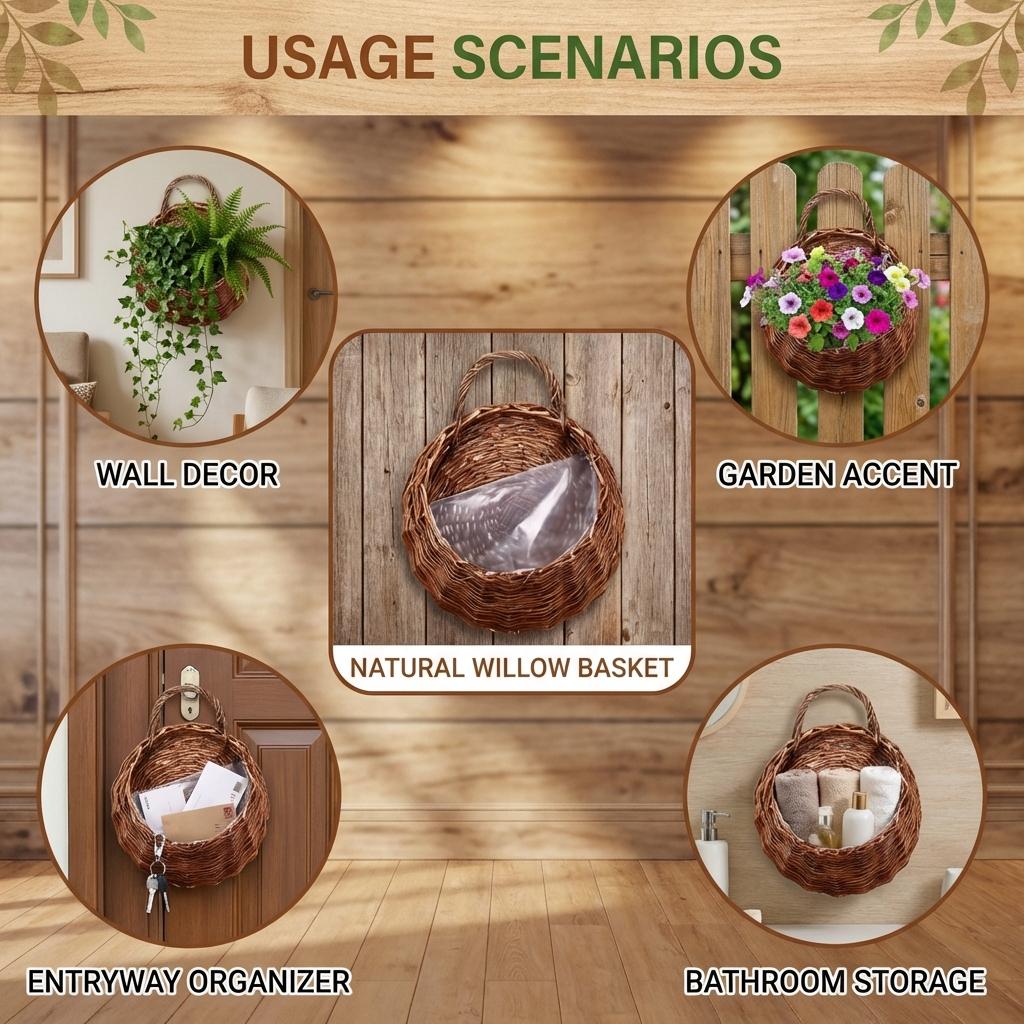 Wicker Wall Hanging Flower Basket Planter Rack Hand-made Natural Style For Home Garden Decoration