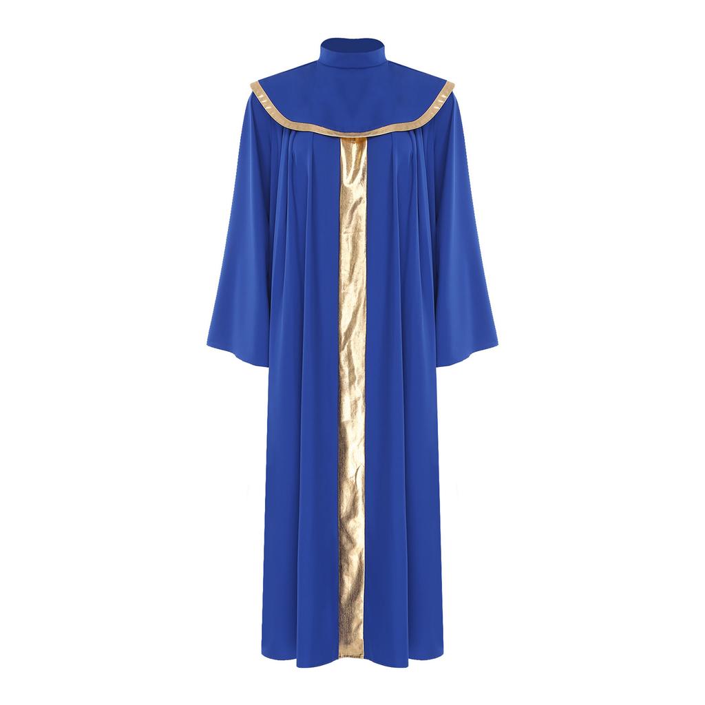 Complete Priest Cleric Costume Robe for Women S-XXL: Mock Neck Cassock with Metallic Patchwork Collar & Flared Sleeves