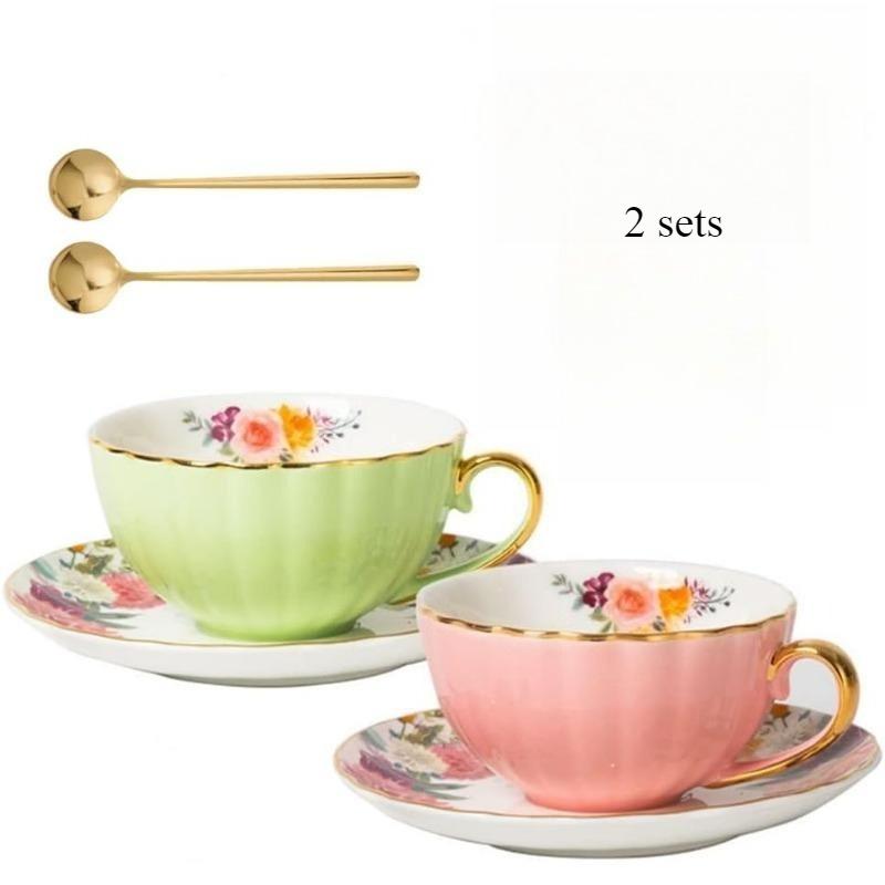 2 Sets Bone China Tea Cups and Saucers, Floral Ceramic Teacup with Spoon Coffee Cups Cappuccino Espresso Latte Mug for Christmas Gift