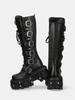 Fashion Belt Buckle Motorcycle Boots Knee High Rock Punk Round Toe Thick Bottom Leather Solid Color Fashion Sexy Women Shoes New
