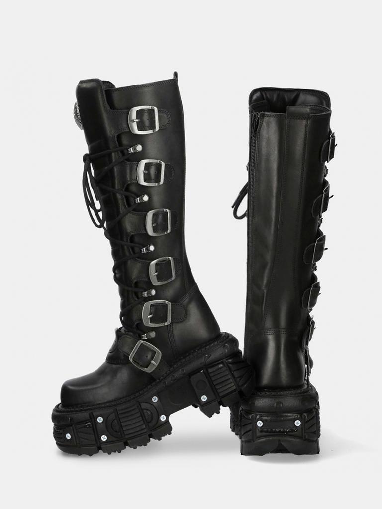 Fashion Belt Buckle Motorcycle Boots Knee High Rock Punk Round Toe Thick Bottom Leather Solid Color Fashion Sexy Women Shoes New