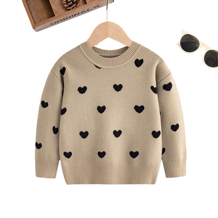 Girls' Heart Design Round Neck Long Sleeve Sweater - Korean Style Spring/Autumn Knitwear