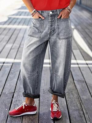 Elastic Mid-Waist Black-Gray Rolled-Up Cropped Jeans