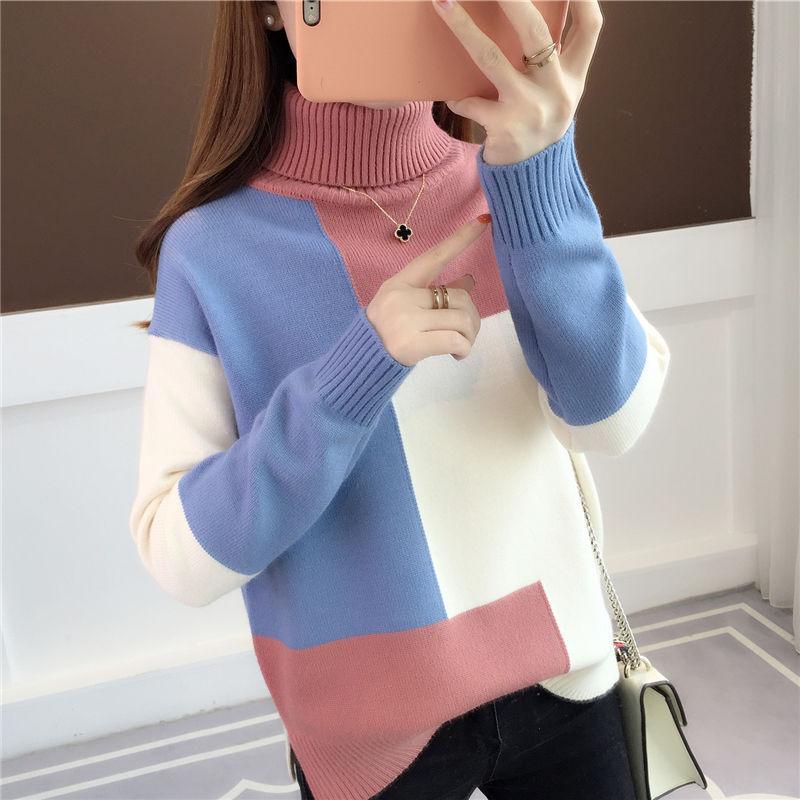 Fall/Winter Women Turtleneck Sweater Loose Color-Block Thick Pullover Knitwear Stretch Long-sleeved Split Knit Top Jumper Outwear
