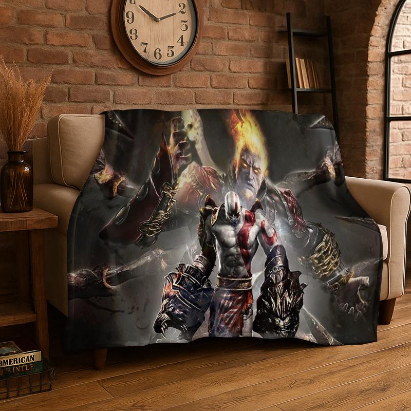 Retro God of War Game Kratos Flannel Blanket Soft Warm Throw Blanket for Bedroom Living Room Bed Travel Camping Picnic Gift 75x90cm