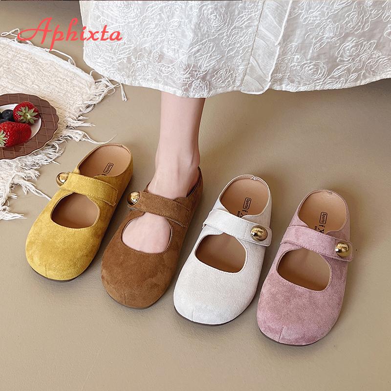Fashion Aphixta Candy Color Flat With Women Slippers Cow Suede Metal Decoration Shoes Sweet Round Toe Slip On Outside Slide Mules