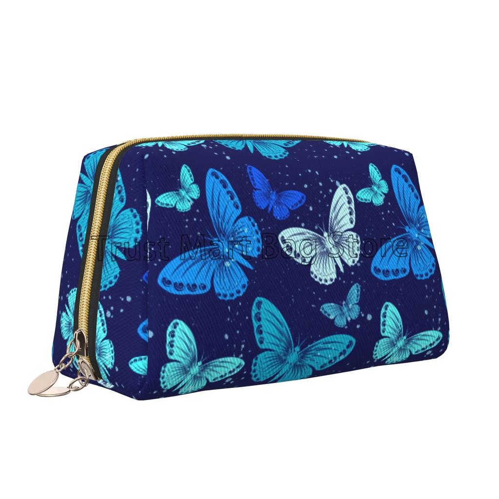 White Floral with Colorful Butterflies Print Leather Makeup Bag Large Capacity Travel Storage Pouch Cosmetic Bag for Women