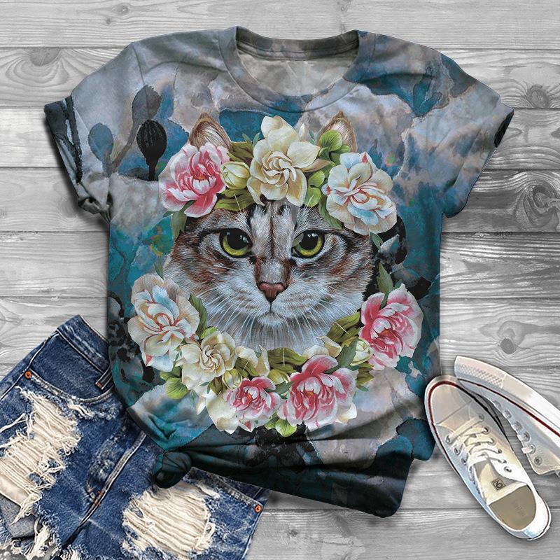 Women's 3D Cat Pattern Fresh Printed T-shirt 3D Printed Short Sleeved T-shirt