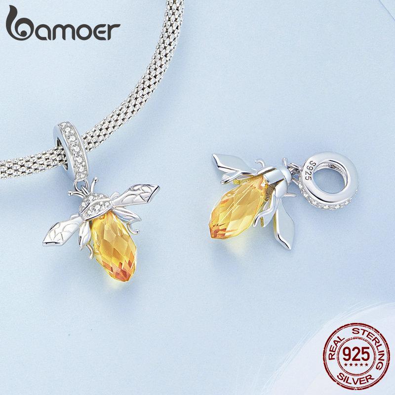 BAMOER 925 argint sterling galben albină agățată mărgele drăguță insectă pandantiv pentru femei colier brățară