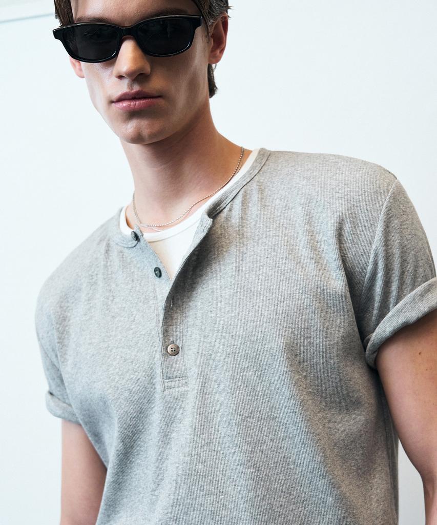 Beulleieo Double Layered Ribbed Henley Neck Short Sleeve T-Shirt [M.Grey]