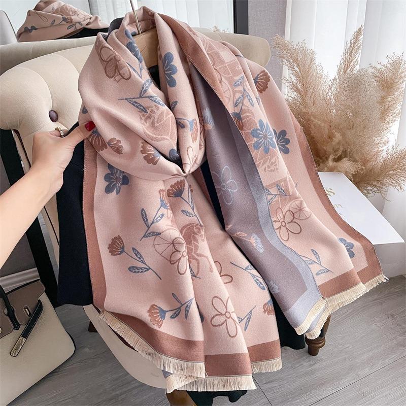 Pink girl's small flower imitation cashmere scarf women's thickened warm scarf shawl with decorative scarf